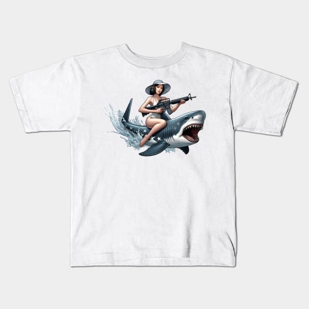 Tactical Girl and Shark Kids T-Shirt by Rawlifegraphic